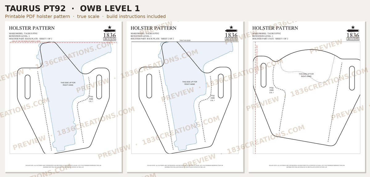 Taurus PT92 OWB Level 1 holster pattern pieces, watermarked preview