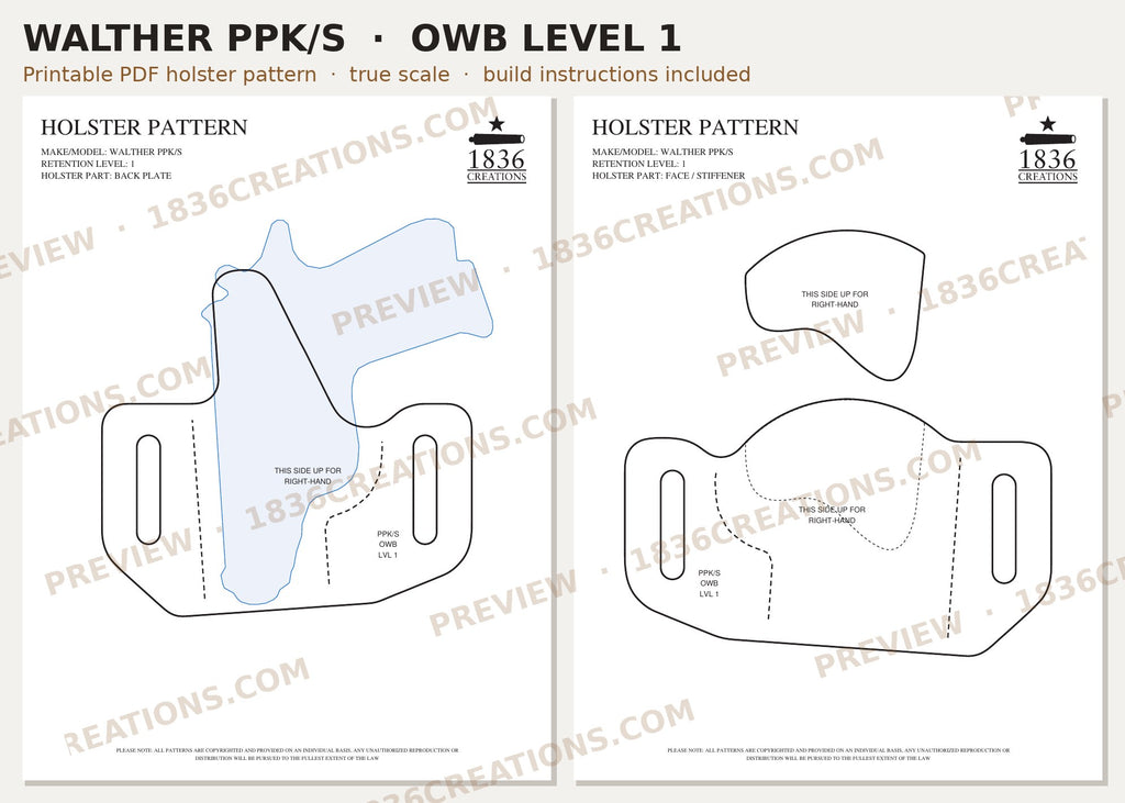 Walther PPK/S OWB Level 1 holster pattern pieces, watermarked preview