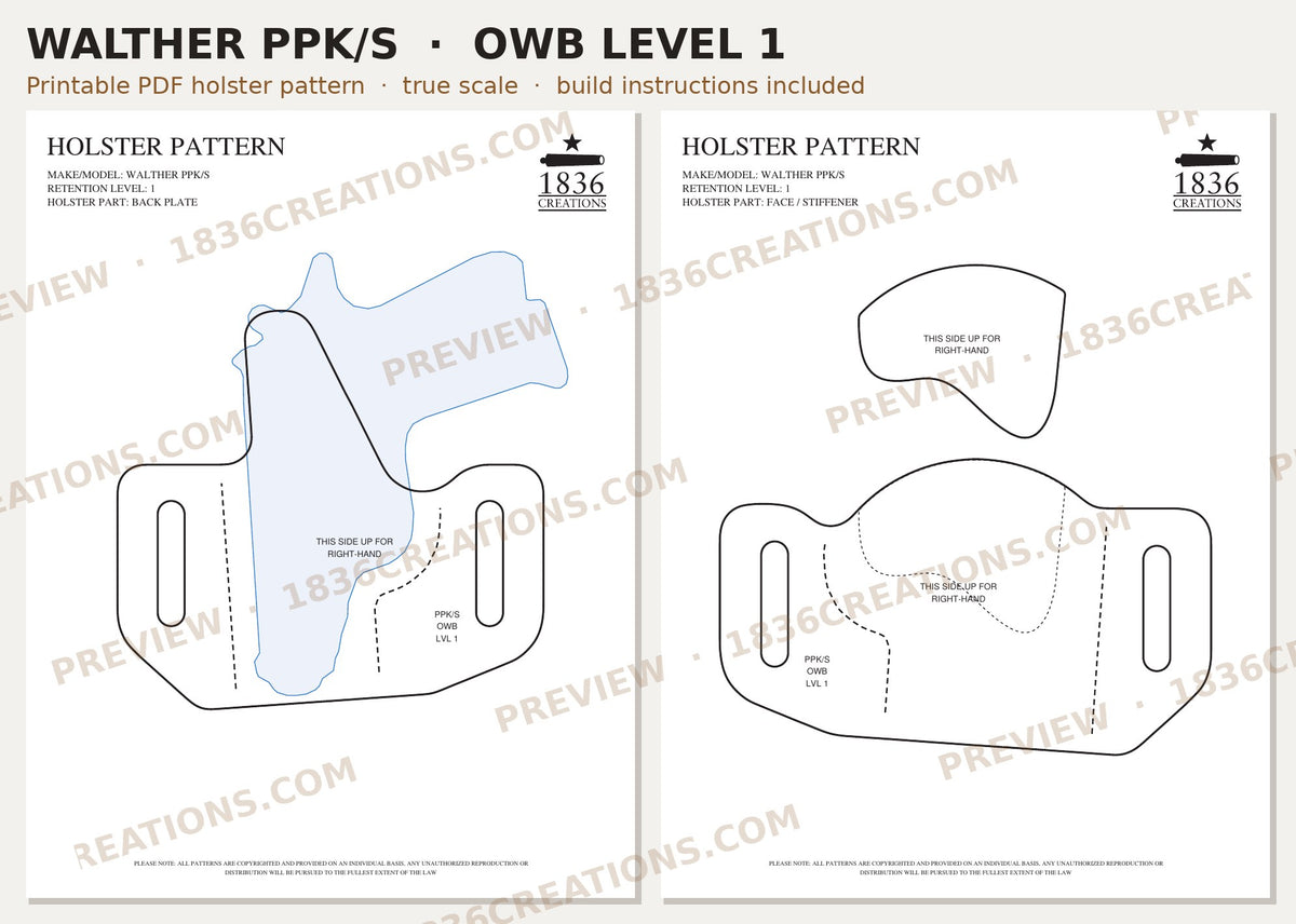 Walther PPK/S OWB Level 1 holster pattern pieces, watermarked preview