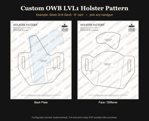 Custom OWB LVL1 holster pattern preview: back plate and face/stiffener pattern sheets drafted for a Glock G19 Gen5 at 8 degree cant