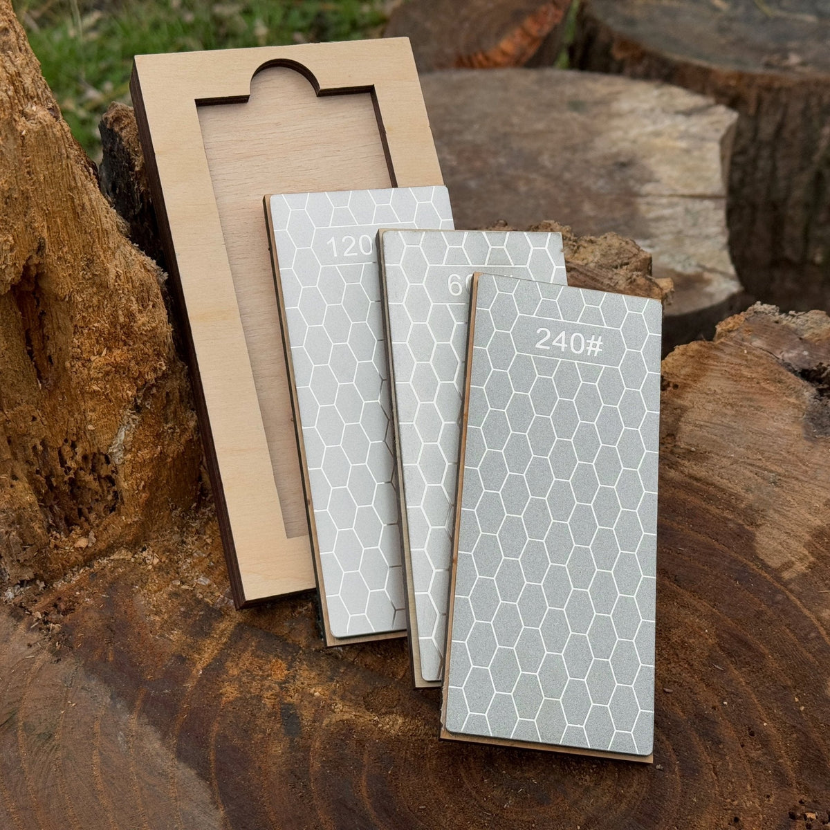 Diamond Sharpening Stone Set with Wooden Stand – 240 / 600 / 1200 Grit