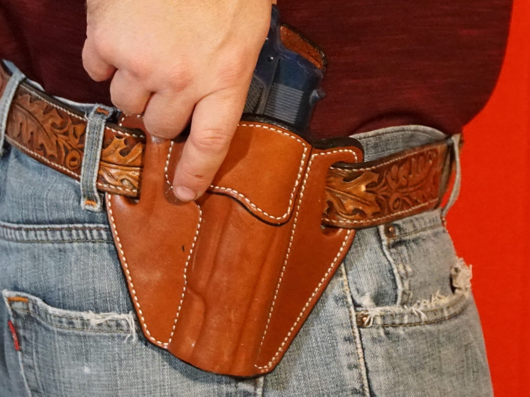 1911 5-inch left-hand OWB holster — front view, Level 1 retention