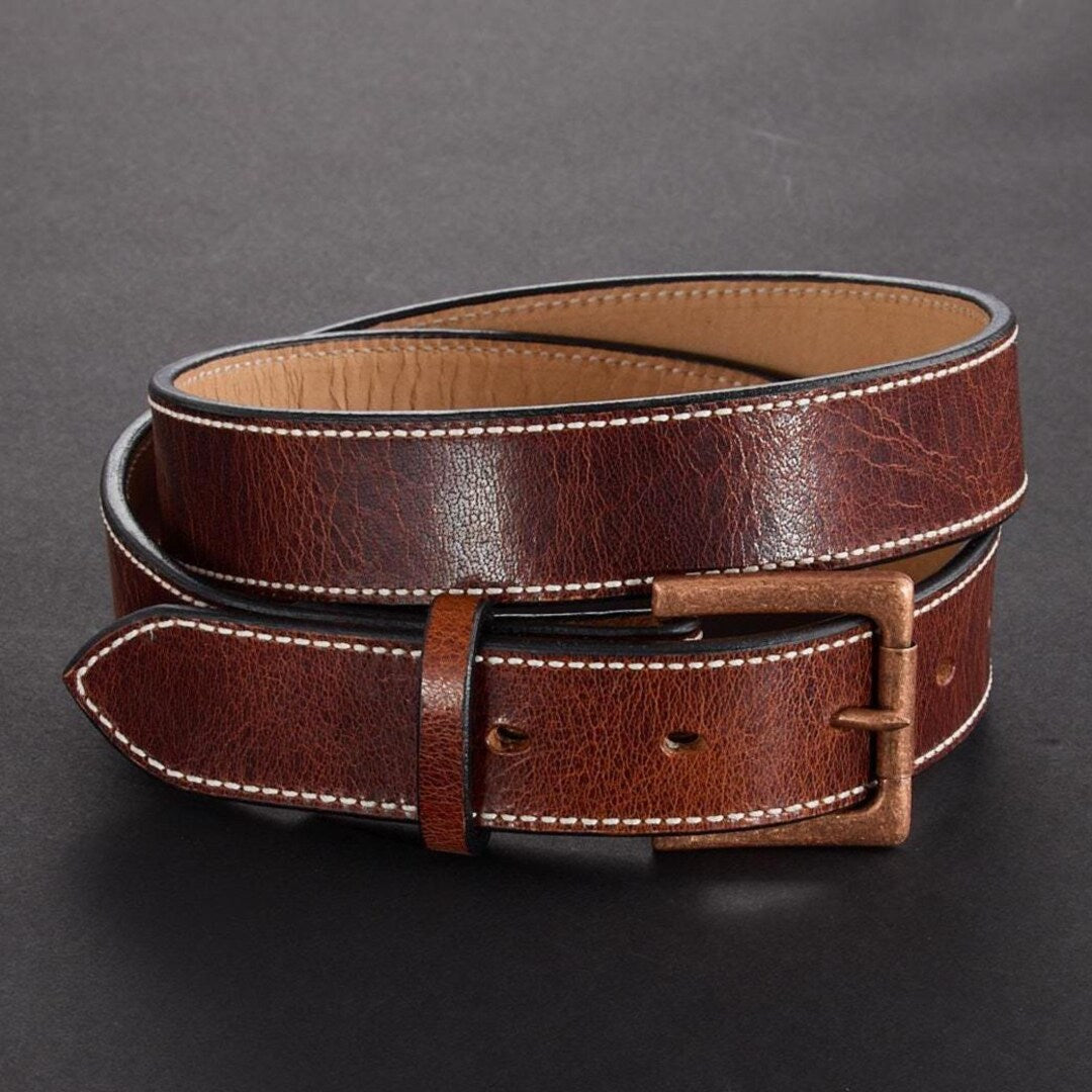 Handmade leather belt — Floral Scroll embossing detail