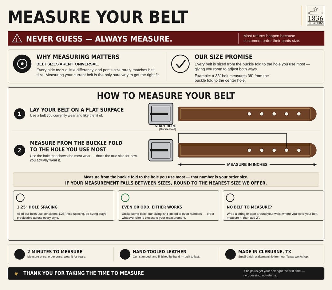 Handmade leather belt — sizing chart