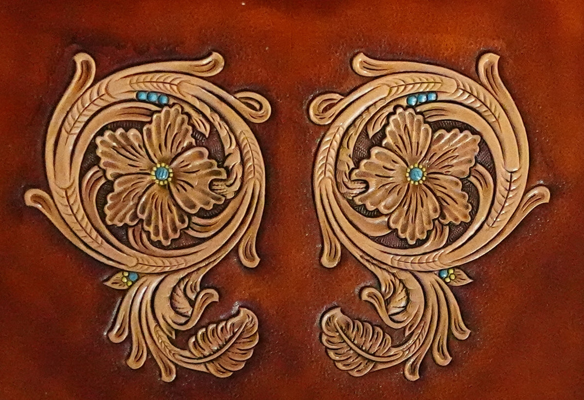 Sheridan five-petal flower leather tooling pattern #104, carved as a left and right pair - 1836 Creations