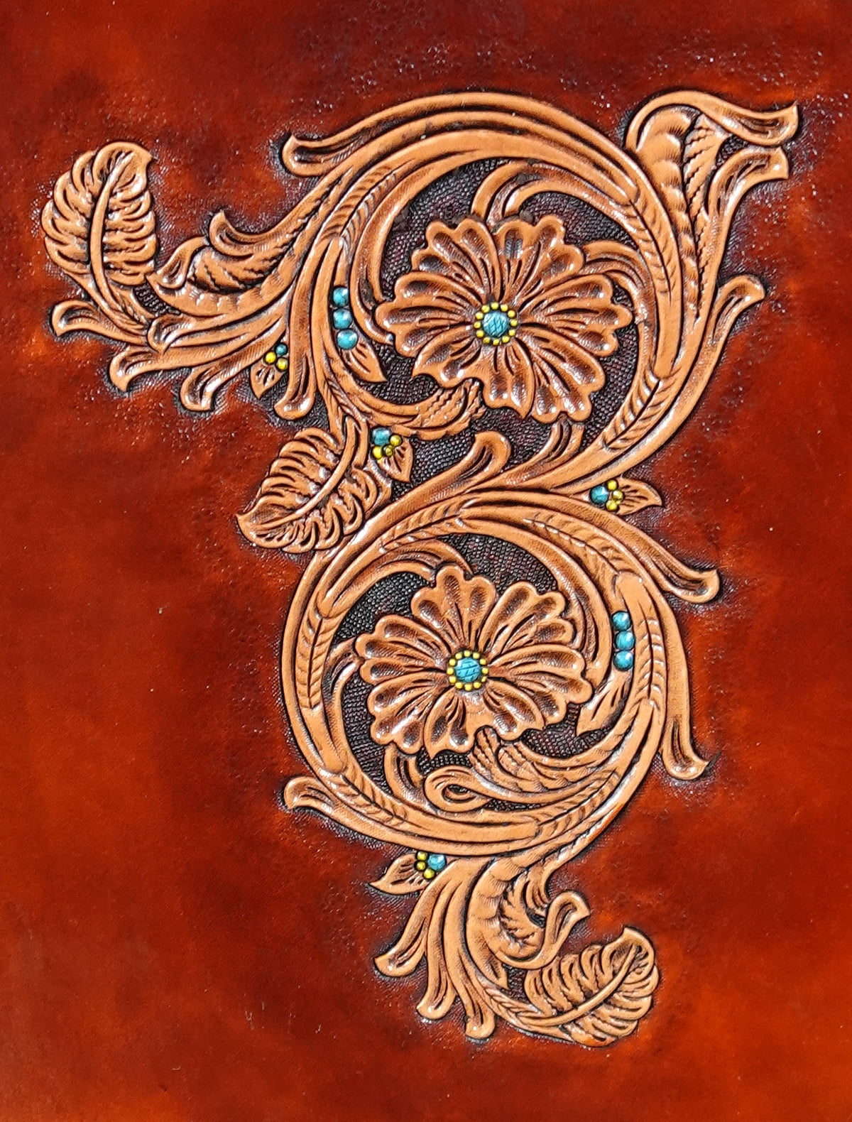 Two-flower Sheridan S-scroll leather tooling pattern #107 carved and dyed on leather - 1836 Creations